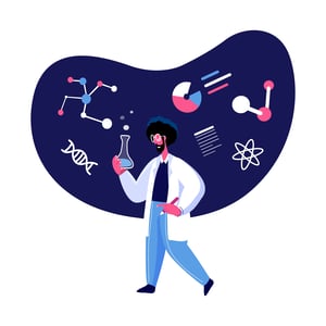 Illustration of a scientist observing his test sample