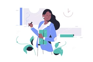 illustration of a manager with notebook in hand taking notes on a whiteboard
