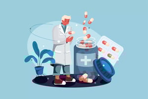 Illustration d'un médecin mettant de nombreuses pilules dans un flacon